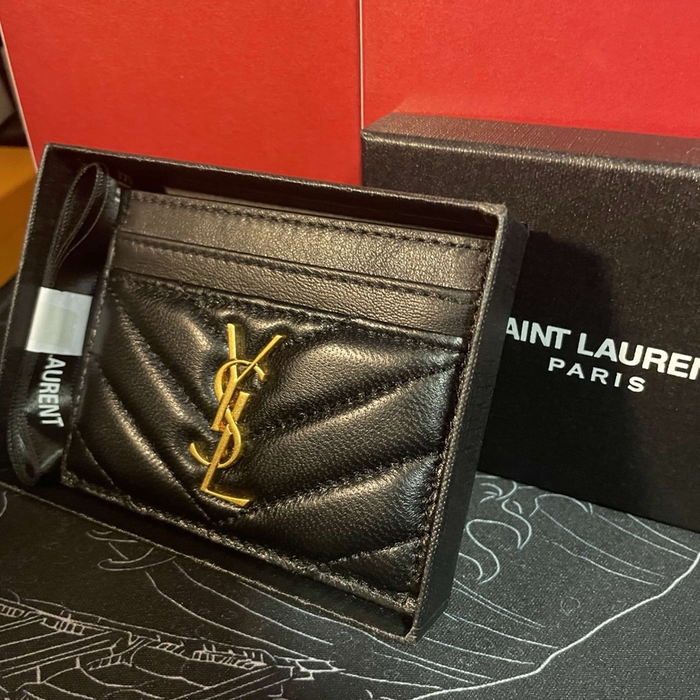 Saint Laurent Black Quilted Leather YSL Card Holder with Gold Logo